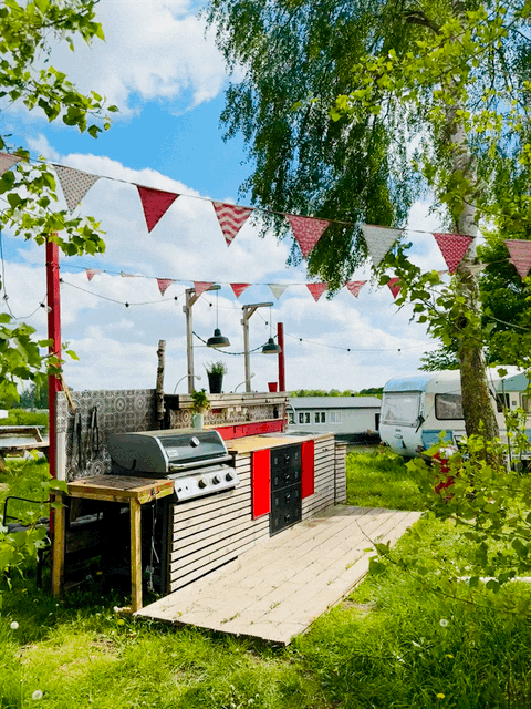 Outdoor kitchen at the Stover Strand campsite near Hamburg