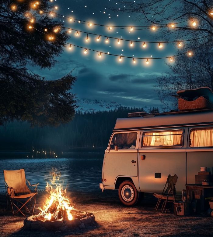 Campers around the campfire on the Elbe island Lühesand