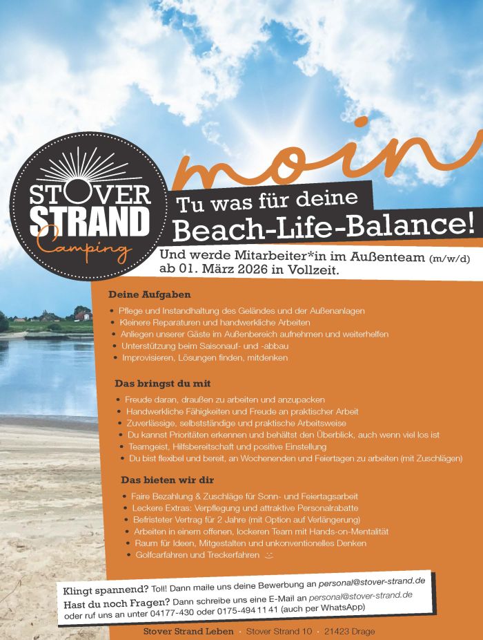 Stellenausschreibung Mitarbeiter Außenteam am Stover Strand