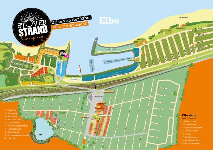 Site plan of Stover Strand for Elbe camping on the campsite near Hamburg