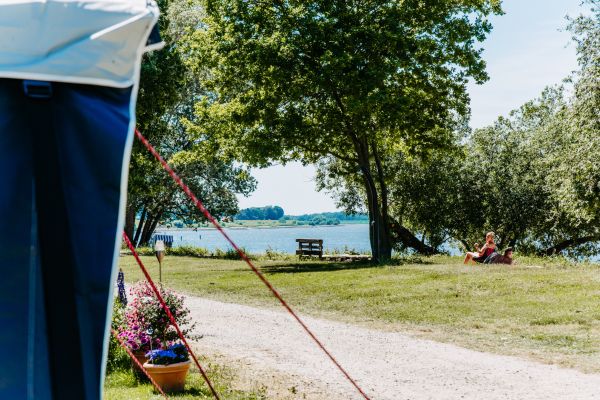 Familie beim Sonnenbaden beim Camping an der Elbe am Stover Strand