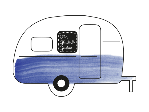 Zeichnung vom Retro StrandCamper Gustav auf dem Wohnmobil Stellplatz an der Elbe bei Hamburg