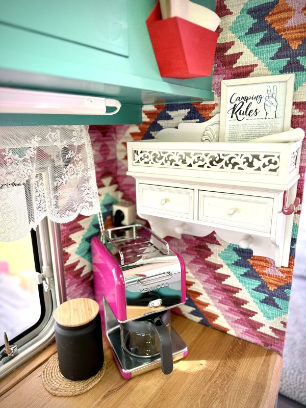 Coffee maker in retro camper at Elbe camping at Stover Strand Camping