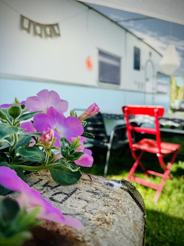 Blue and white camper with sitting area and flowers on the Stover Strand camp