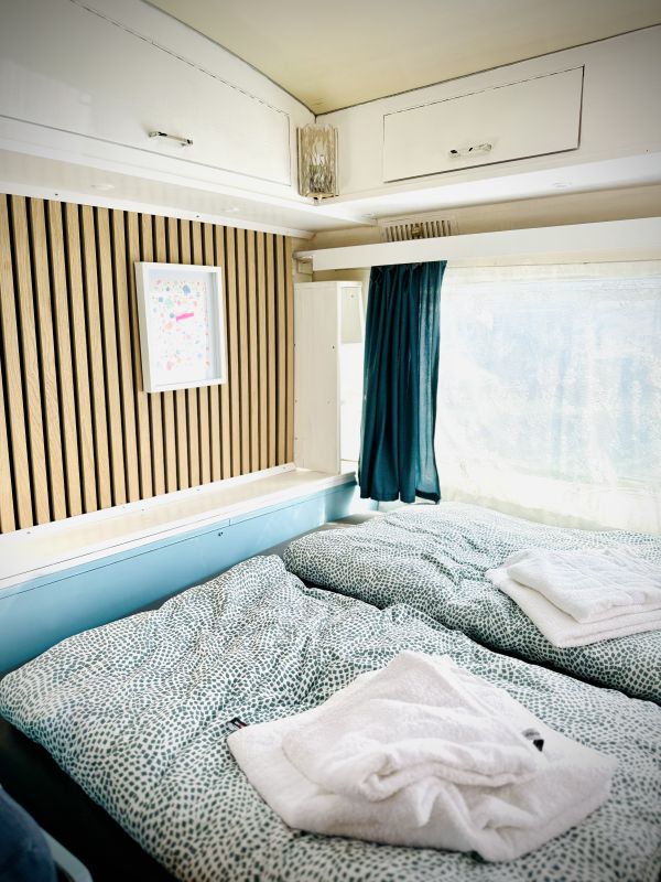 Retro Camper with double bed at the Stover Strand campsite near Hamburg