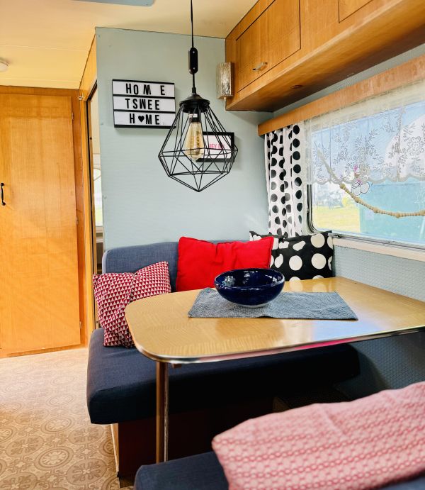 Camper with indoor sitting area at the Stover Strand caravan park near Hamburg