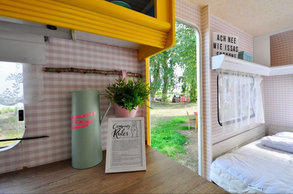 View from retro Beach Camper on to the Elbe River at Stover Strand campsite near Hamburg